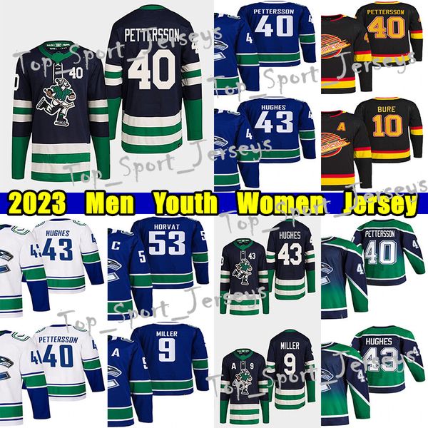 # 43 Quinn Hughes Maillot de hockey rétro inversé # 40 Elias Pettersson 53 Bo Horvat Brock Boeser Ethan Bear Thatcher Demko Nils Aman J.T. Maillots Miller