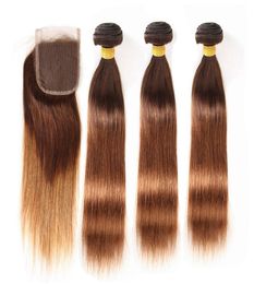 430 Racines brunes ombre Poules de cheveux humains brésiliens droits avec fermeture Brown to Medium Auburn ombre 3bundles avec 4x4 dentelle Clo2746146