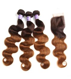 430 Ombre Color Human Hair Weave 3 paquetes Paquete con cierre Body Wave Brasileño 4x4 Cierre de encaje Marrón Auburn Colors9238591