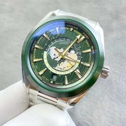 Montre automatique pour hommes de 43 mm, 24 heures GMT VS VSF, qualité supérieure, cadran vert, carte du monde, cadran de la ville, bracelet SS, étanche, montre-bracelet de voyage d'affaires en saphir