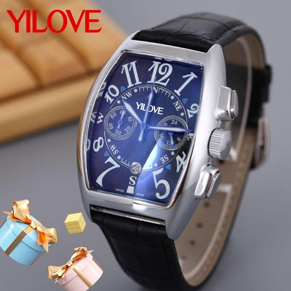 43mm Corps Acier Inoxydable Cuir Cadran Bracelet Montre Homme Quartz Mouvement Analogique Designer Calendrier Horloge Sports de Plein Air Chronométrage Montre-Bracelet Simple à Cinq Broches