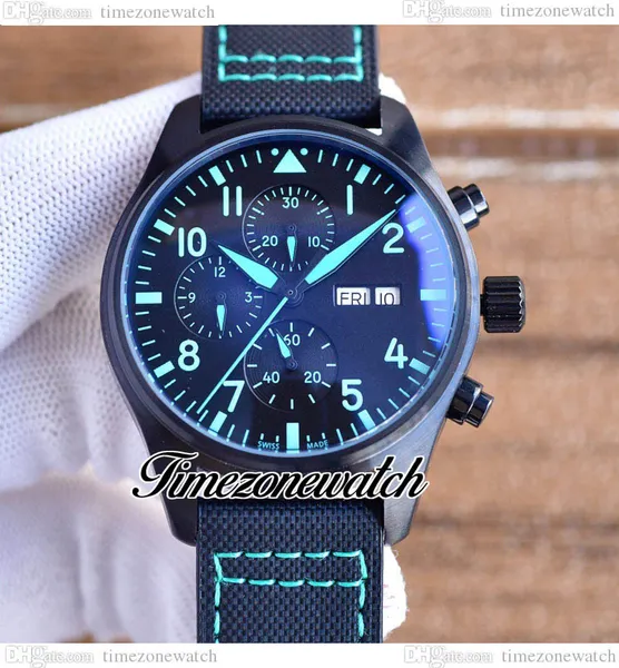 43 mm DayDate Pilots Watches IW388108 Montre automatique pour homme IW378005 Cadran noir Intérieur vert PVD Boîtier en acier noir Bracelet en nylon/cuir Pas de chronographe Timezonewatch
