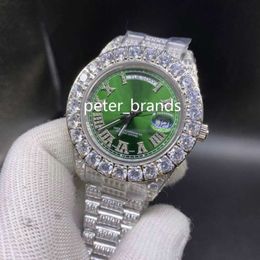 43MM heren grote diamanten horloges zilver roestvrij stalen horloge groen gezicht volledige diamanten band horloge automatisch mechanisch horloge fr266W
