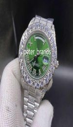 43 mm MEN039S Big Diamond Watches Silver roestvrijstalen horloge Green Face Full Diamond Strap Watch Automatisch mechanisch horloge 8528512