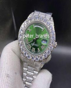 43 mm MEN039S Big Diamond Watches Silver roestvrijstalen horloge Green Face Full Diamond Strap Watch Automatisch mechanisch horloge 7251541