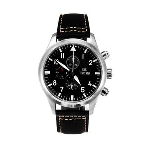 Reloj de piloto de 43 mm Mecánico Automático Día / Fecha Correa de cuero abovedada luminosa completa Esfera negra y manecillas Relojes de pulsera militares de diseñador para hombre