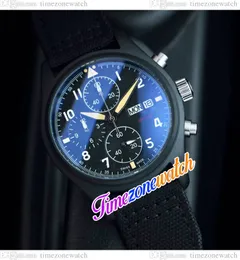 43 mm piloten IW389101 6S00 Quartz Chronograph Mens Watch Black Dial PVD Black Steel Case Nylon Leather Stopwatch dubbele kalender nieuwe horloges TimeZoneWatch E124C5