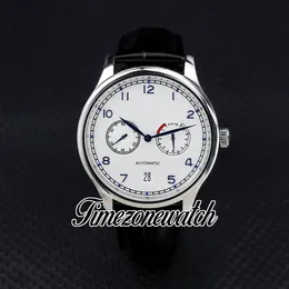 43 mm Portugieser 500705 Montre pour homme 7 jours de réserve de marche Cadran blanc Marqueurs de chiffres bleus Boîtier en acier Bracelet en cuir bleu Date Montres pour hommes Timezonewatch DHIW Z04A