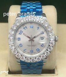 43MM Prong set diamant montre-bracelet pour hommes argent en acier inoxydable numéro cadran montres de mode de haute qualité automatique gros diamant hommes montre
