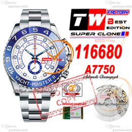 44 mm 116680-0001 A7750 Cronógrafo automático Reloj para hombre TWF Bisel de cerámica azul Esfera blanca Pulsera de acero 904L Super Edición Misma serie Tarjeta Puretimewatch Reloj