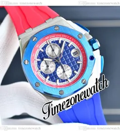 44 mm 26400SO Montre chronographe à quartz pour homme 26400 Cadran texturé bleu blanc Boîtier en acier Intérieur rouge Bracelet en caoutchouc bleu/rouge Chronomètre de sport Montres Timezonewatch E244B7