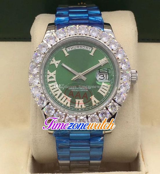 44 mm Día Fecha A2813 Reloj automático para hombre Bisel de diamante grande Esfera verde Diamantes Marcadores de Roma Relojes de pulsera de acero inoxidable TWRX Timezonewatch E13a4