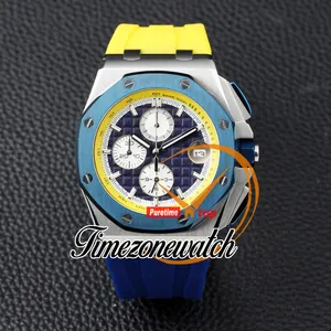 44 mm nouveau chronographe à quartz montre pour homme 26400 cadran texture bleue marqueurs de bâton boîtier en acier bracelet en caoutchouc jaune/bleu chronomètre montres pour hommes Timezonewatch Z16b