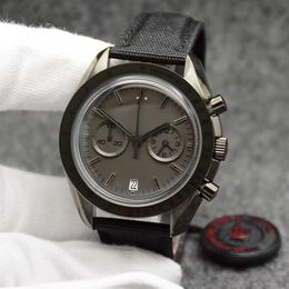 44 мм кварцевый хронограф мужские часы с серым циферблатом Moonwatch черный кожаный ремешок темная сторона кольца с маркировкой тахиметра Wri280K