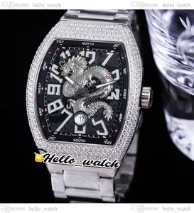 44 mm Vanguard V45 Automatische heren Work 3d Dragon King Black Dial Diamonds Case Roestvrij stalen armband Nieuwe horloges Hellowatch HWFM E242C2