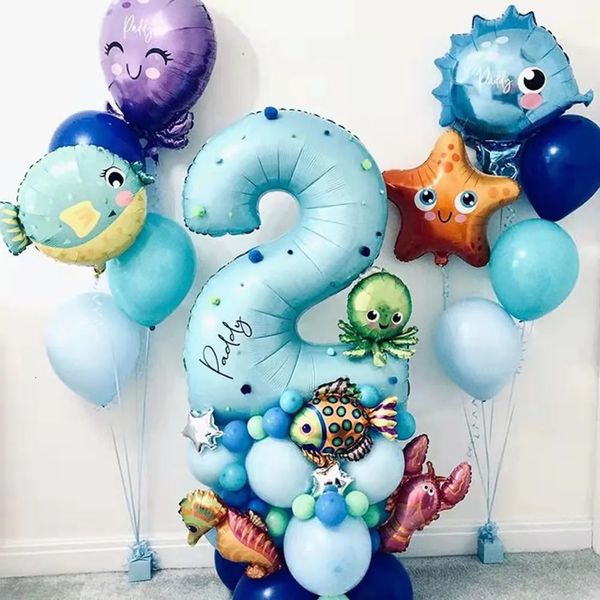 44pcs Under Sea Ocean World Balloons Animal Numéro Blue Balloon Party Thème Kids Happy Birthday Decoration Baby Show 231220