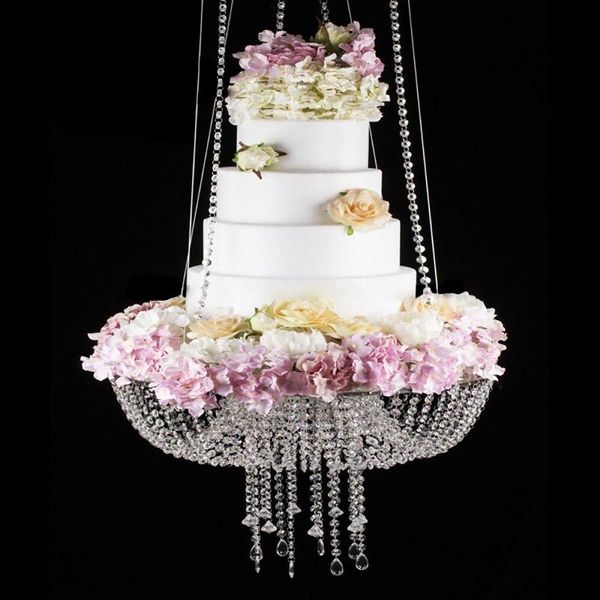 Support à gâteau suspendu de mariage de 45/60cm de diamètre, lustres à gâteaux, décoration en cristal de couleur argent pour décorations de mariage à faire soi-même, vacances