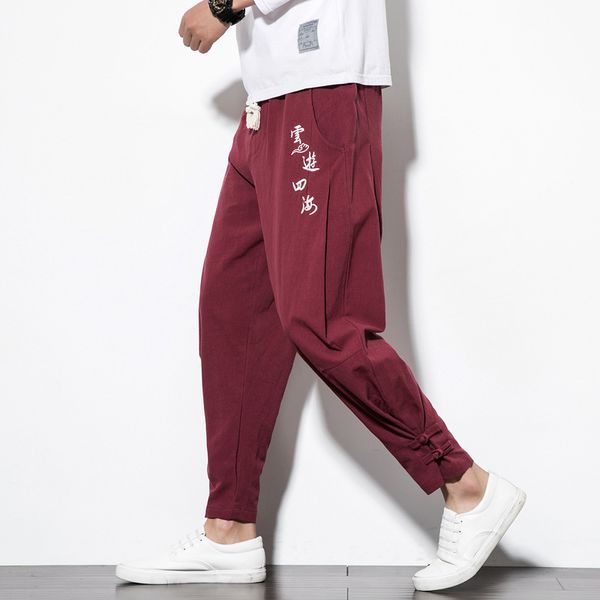 Pantalon chinois traditionnel pour homme, pantalon brodé en coton et lin, sarouel Vintage, taille élastique, grande taille M-5XL