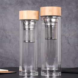 450 ml 500ml Bamboo Deksel Waterfles Cups Dubbelwandige Glas Thee Tuimelaar met zeef- en infusiermandflessen