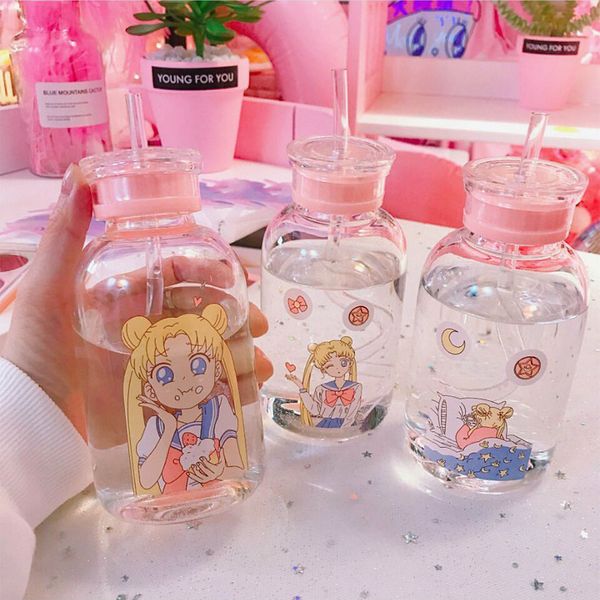 450 ml / 700 ml bouteille d'eau de dessin animé créatif avec couvercle de paille Kawaii belle fille mode verre tasse d'eau portable avec sac de rangement 201105