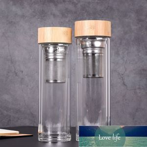 Tazas de agua con tapa de bambú de 450ml, vaso de té de vidrio de doble pared con colador y cesta de infusor, botellas de agua de vidrio simples