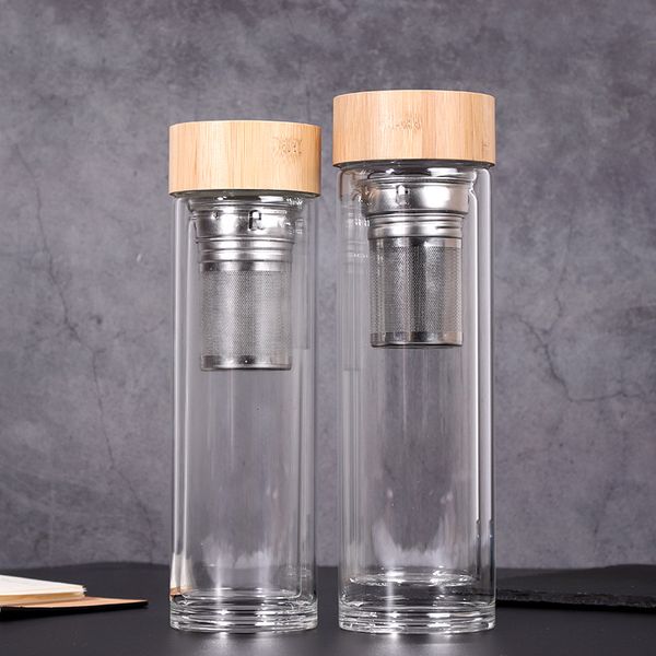 450 ml couvercle en bambou tasses à eau en verre à double paroi gobelet à thé avec passoire et infuseur panier bouteilles d'eau en verre GGA2633