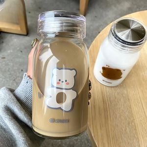 450 ml mignon dessin animé ours bouteille d'eau en verre épais résistance à la chaleur bouteilles à boire lait café gobelets pour femmes étudiant 240314
