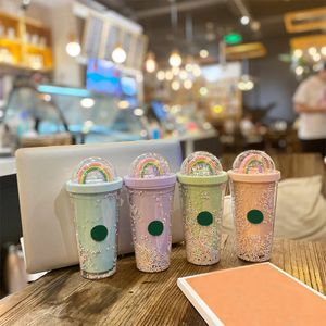 450ML Lovey Cute Rainbow Cup Tazas de plástico dobles con pajitas Material de PET para niños Adultos Girlfirend Party Productos de regalo de cumpleaños Beber Drinkware DHL HH21-398 gratis