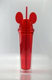 Vaso de acrílico con forma de oreja de ratón de 450 ml, vaso para niños de doble pared de 8 colores con tapa de cúpula y botella de agua linda para niños con paja del mismo color6417714