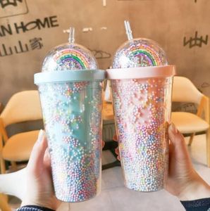 450 ml Rainbow Cup Mokken Dubbele Plastic met Rietjes Huisdier Materiaal voor Kinderen Volwassen Girlfirend Gift Producten XC1