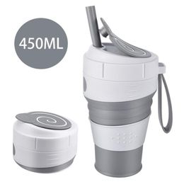 Tasse à café pliable en silicone de 450 ml avec couvercle anti-fuite en paille pour voyage randonnée pique-nique tasse à café pliable en BPA de qualité alimentaire 2236s
