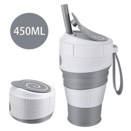 Tasse à café pliable en Silicone de 450mL, avec couvercle anti-fuite en paille, pour voyage, randonnée, pique-nique, tasse à café pliable en BPA de qualité alimentaire, 2288G