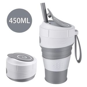 Tasse à café pliable en silicone de 450 ml avec couvercle anti-fuite en paille pour voyage randonnée pique-nique de qualité alimentaire BPA tasse à café pliable 2218a