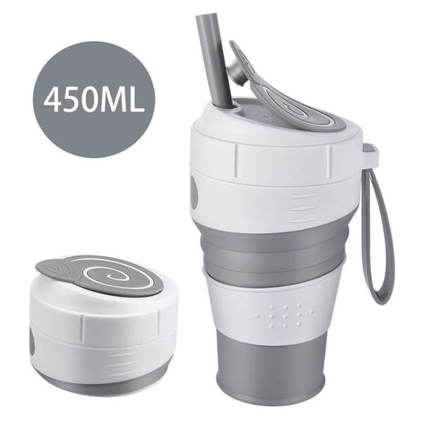 Tasse à café pliable en silicone de 450 ml avec couvercle anti-fuite en paille pour voyage randonnée pique-nique tasse à café pliable en BPA de qualité alimentaire 22653