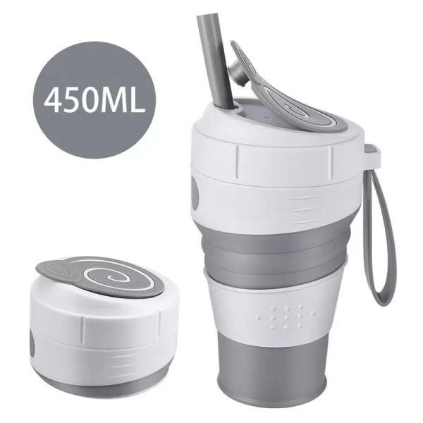 Tasses à café pliables en silicone de 450 ml avec couvercle anti-fuite en paille pour voyage randonnée pique-nique de qualité alimentaire tasses à café pliables sans BPA