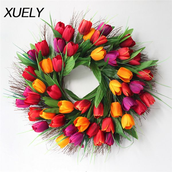 45cm de haute qualité artificielle PU tulipe couronne maison porte de mariage guirlande murale décoration de fête de Noël accessoires de photographie de voyage 210317