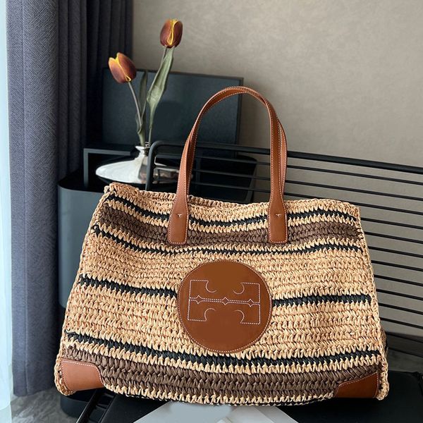 Bolso de paja a rayas de 45 cm, bolsos de playa de tejido de diseño, bolso de mano de diseñador, bolsos de mano de ganchillo de lujo, bolsos de mano de gran capacidad para mujer, bolso de tienda de punto de rafia, bolsos de mano para vacaciones de verano