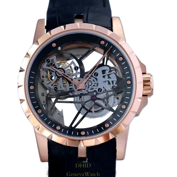 Relojes para hombre de 45 mm Esfera hueca Cristal de zafiro Reloj de movimiento automático mecánico Oro rosa Caja de acero inoxidable 316L Correa de cuero negro Relojes de pulsera para hombres