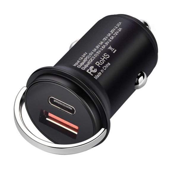 Cargador de coche rápido de 45 W Puerto dual USB PD QC3.0 Carga rápida para IPhone 13 Pro Max Galaxy S21 Pull Ring Mini Car Charge