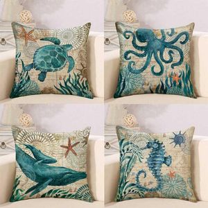 Housse de coussin en lin pour la maison, taie d'oreiller pour canapé, impression simple face, tortue de mer, hippocampe, baleine, poulpe, DH0569, 45x45cm