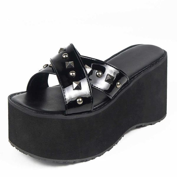 46 Plus de chaussures Taille Femmes Chunky Platform Halloween Gift Cosplay Cosplay Contrôles Talons Black Gothic Sandals Slipper Su 2243