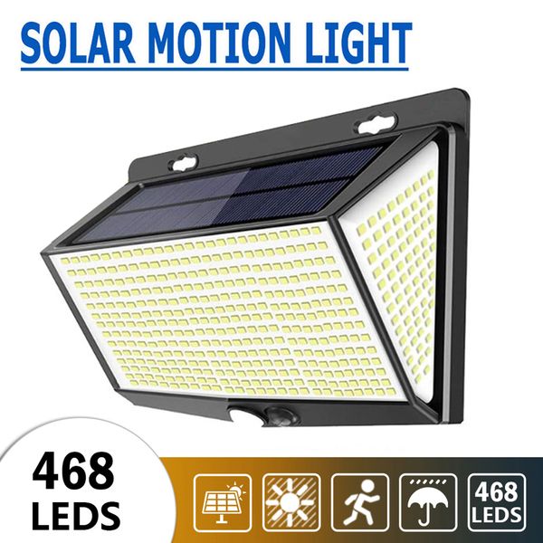 Lámpara solar para exteriores con luz solar LED 468 con sensor de movimiento Focos de luz solar con energía solar para Garden Street