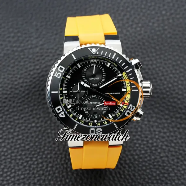 46mm AQUIS 01 774 7708 VK Quartz Chronographe Montre Homme Cadran Noir Marqueurs Intérieurs Jaunes Boîtier Acier Bracelet Caoutchouc Jaune Chronomètre Nouvelles MontresTimezonewatch