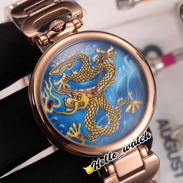 46 mm Bovet 1822 COLLECTION L'ART DE LA PEINTURE MINIATURE Montres Montre à quartz pour homme HMS5056 Cadran totem dragon bleu Bracelet en acier or rose Hello_Watch