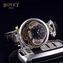 46 mm Bovet 1822 Tourbillon Amadeo Fleurie horloges quartz herenhorloge stalen kast zwarte skelet wijzerplaat lederen band HWBT Hello Watch1908