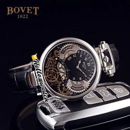 46 mm Bovet 1822 Tourbillon Amadeo Fleurie horloges quartz herenhorloge stalen kast zwarte skelet wijzerplaat lederen band HWBT Hello Watch222b