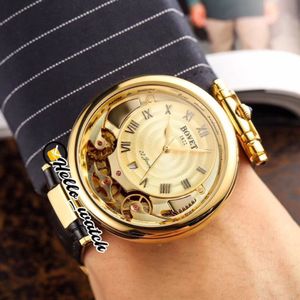 46 mm Bovet 1822 Tourbillon Amadeo Fleurie horloges automatisch herenhorloge geel gouden kast Romeinse markeringen skelet wijzerplaat bruin leer 301e