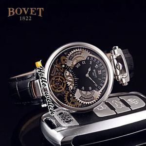46 mm Bovet 1822 Tourbillon Amadeo Fleurie horloges quartz herenhorloge stalen kast zwarte skelet wijzerplaat lederen band HWBT Hello Watch247C