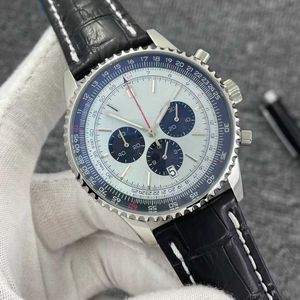 46 mm Qualité B01 Navitimer Chronograph Quartz Mouvement en acier Ice Black Blue Cadran 50e anniversaire Hommes Watch Watch Strap en cuir