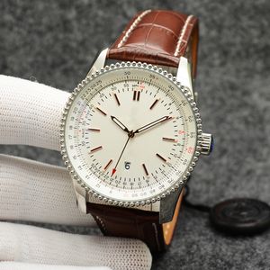 46 MM Kwaliteit Navitimer Horloge Chronograaf Quartz Zilveren Wijzerplaat 50ste VERJAARDAG Mannen Horloge Bruin Lederen Band Heren Horloges
